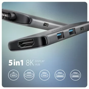 Axagon HMC-5H8K USB 5Gbps šakotuvas 2x USB-A USB-C HDMI 8k/30Hz PD 100W kabelis USB-C laidinis USB 3.2 Gen 1 (3.1 Gen 1) Type-C pilkas