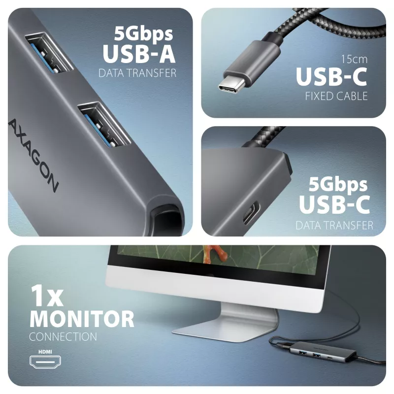 Axagon HMC-5H8K USB 5Gbps šakotuvas 2x USB-A USB-C HDMI 8k/30Hz PD 100W kabelis USB-C laidinis USB 3.2 Gen 1 (3.1 Gen 1) Type-C pilkas