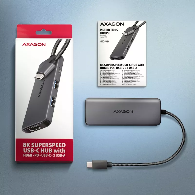 Axagon HMC-5H8K USB 5Gbps šakotuvas 2x USB-A USB-C HDMI 8k/30Hz PD 100W kabelis USB-C laidinis USB 3.2 Gen 1 (3.1 Gen 1) Type-C pilkas