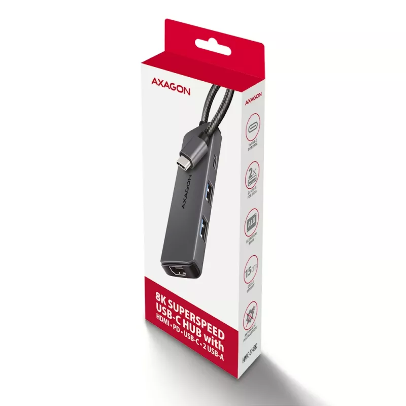 Axagon HMC-5H8K USB 5Gbps šakotuvas 2x USB-A USB-C HDMI 8k/30Hz PD 100W kabelis USB-C laidinis USB 3.2 Gen 1 (3.1 Gen 1) Type-C pilkas