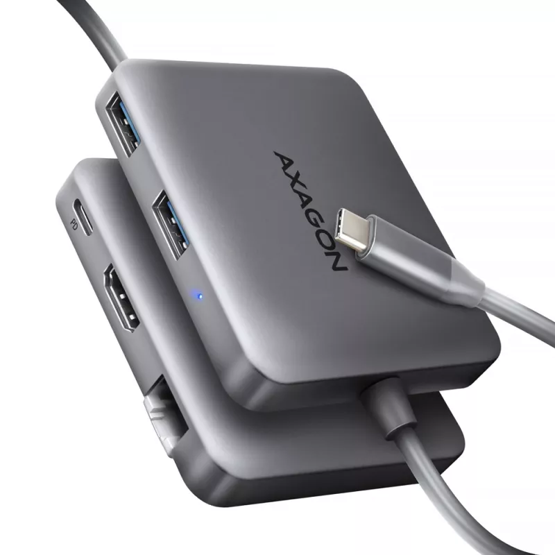 Axagon HMC-5HL USB 5Gbps šakotuvas, 2x USB-A, HDMI 4k/60Hz, RJ-45, PD 100W, 20cm USB-C laidas