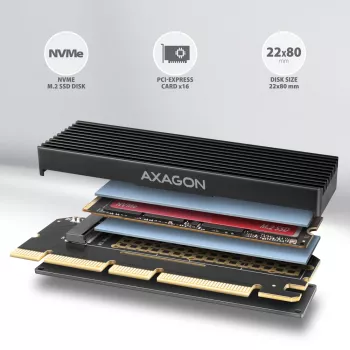 Axagon PCEM2-XS PCIe x16 - M.2 NVMe M-key lizdo adapteris su pasyviu aliuminio radiatoriumi