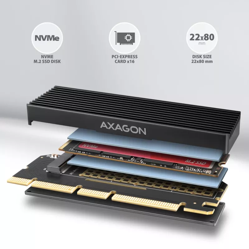 Axagon PCEM2-XS PCIe x16 - M.2 NVMe M-key lizdo adapteris su pasyviu aliuminio radiatoriumi