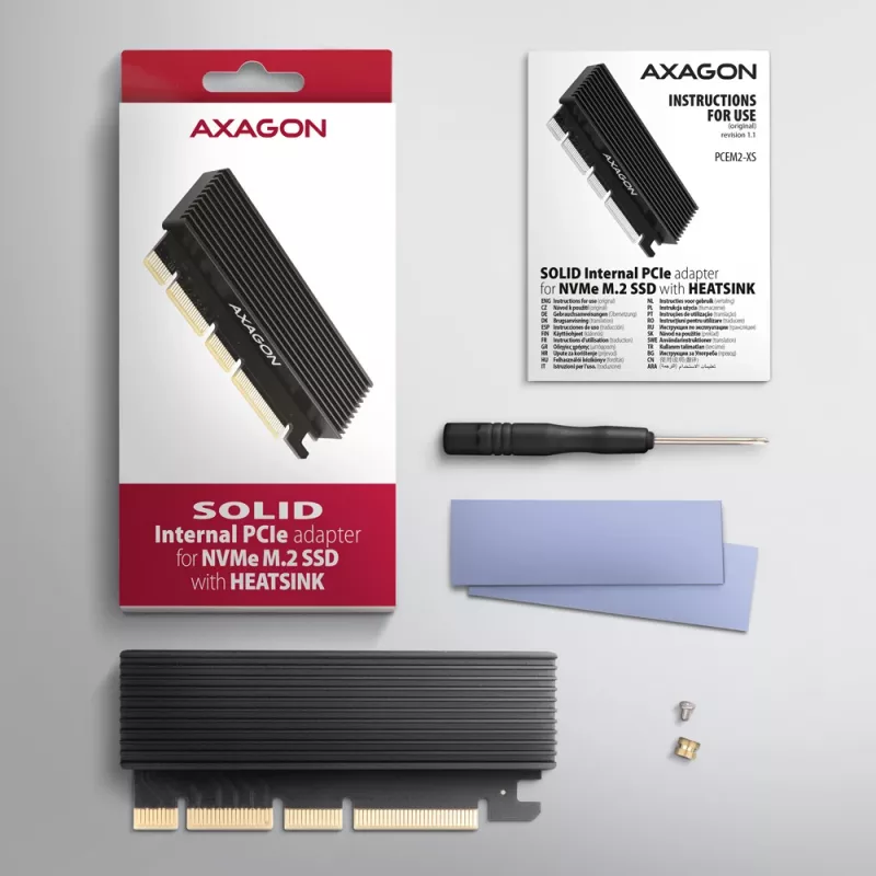 Axagon PCEM2-XS PCIe x16 - M.2 NVMe M-key lizdo adapteris su pasyviu aliuminio radiatoriumi