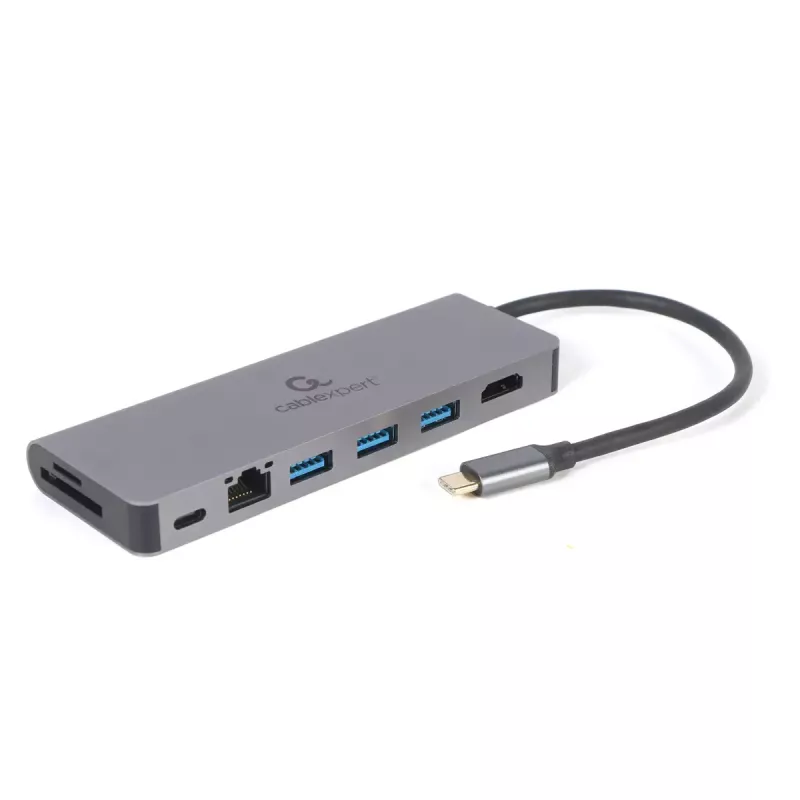 USB šakotuvas GEMBIRD A-CM-COMBO5-05 — USB 3.2 Gen 1 Type-C, 3x USB-A, HDMI, RJ-45, SD/microSD, 100 W PD