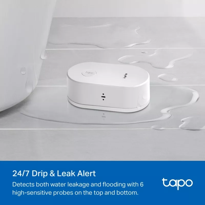 Vandens nuotėkio detektorius TP-Link Tapo T300 Wi‑Fi, reguliuojamas signalas 90 dB, IP67, baterija (2×AAA), reikalingas Hub