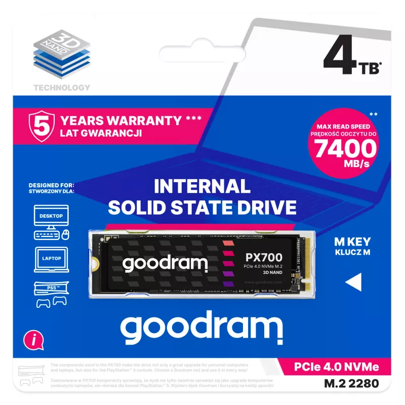 Goodram PX700 SSD SSDPR-PX700-04T-80 vidinis kietojo kūno diskas 4 TB M.2 PCI Express 4.0 NVMe 3D NAND