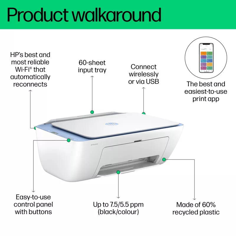 HP DeskJet 2822e belaidis daugiafunkcis spalvotas spausdintuvas, Instant Ink; kopijavimo aparatas, skaitytuvas