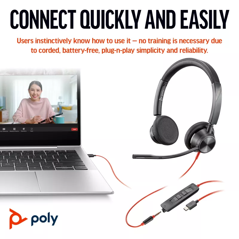 HP Poly Juodawire 3325 Stereo Microsoft Teams Certified USB-C Headset +3.5mm Plug +USB-C/A Adapter