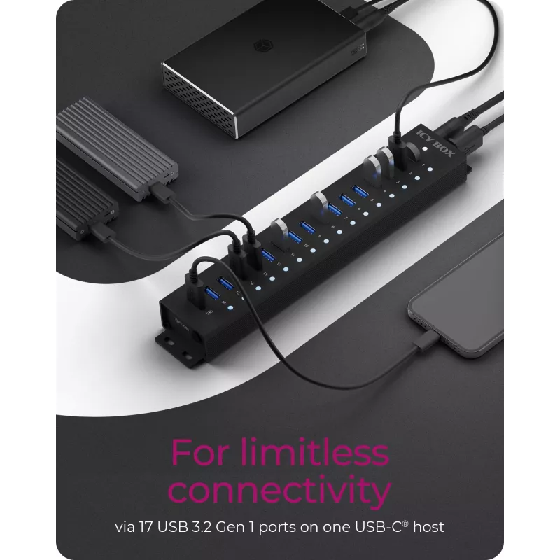ICY BOX 17-Port Hub with USB 3.2 Gen 1 Type-A interface, USB 3.2 Gen 1 (3.1 Gen 1) Type-A, USB 3.2 Gen 1 (3.1 Gen 1) Type-A, USB Type-B, 5000 Mbit/s, Juoda, China, DC