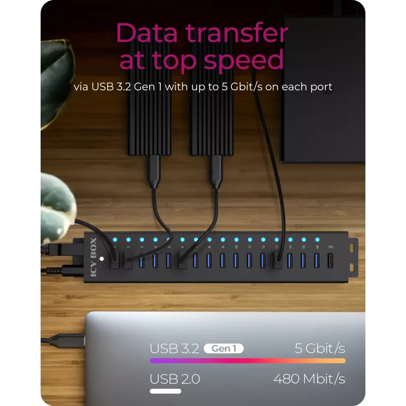 ICY BOX 17-Port Hub with USB 3.2 Gen 1 Type-A interface, USB 3.2 Gen 1 (3.1 Gen 1) Type-A, USB 3.2 Gen 1 (3.1 Gen 1) Type-A, USB Type-B, 5000 Mbit/s, Juoda, China, DC