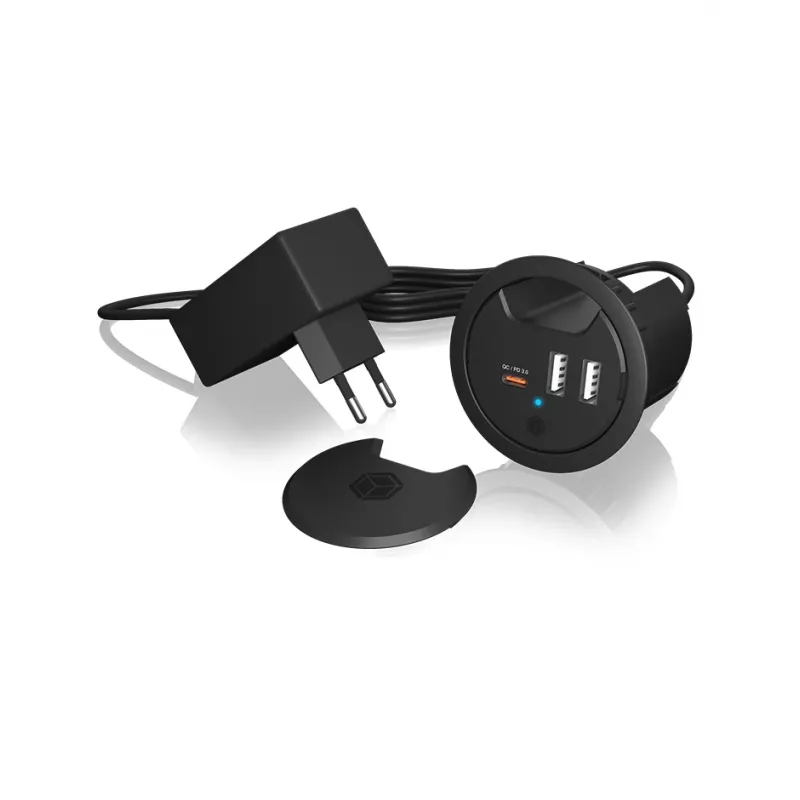 ICY BOX stalviršyje montuojamas USB įkroviklis su Power Delivery ir Quick Charge