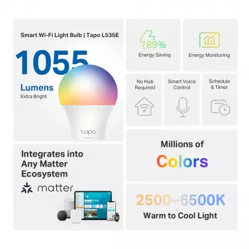 TP-Link Tapo išmanioji lemputė, daugiaspalvė, Matter, išmanioji lemputė, Wi-Fi / Bluetooth, balta, 802.11b, 802.11g, Wi-Fi 4 (802.11n), WPA-PSK, WPA2-PSK, WPA3-SAE, LED