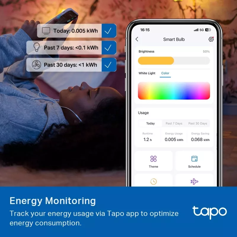 TP-Link Tapo išmanioji lemputė, daugiaspalvė, Matter, išmanioji lemputė, Wi-Fi / Bluetooth, balta, 802.11b, 802.11g, Wi-Fi 4 (802.11n), WPA-PSK, WPA2-PSK, WPA3-SAE, LED
