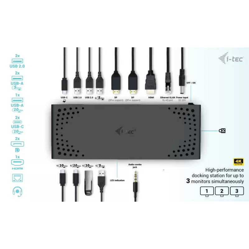 i-tec USB-C trigubo ekrano dokinė stotelė Gen 2 maitinimo tiekimas 100 W laidinė 3.2