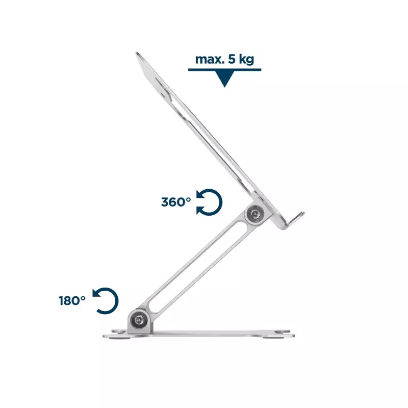 Nešiojamojo kompiuterio stovas Gembird NBS-D1-03, sidabrinis, aliuminis, skirtas iki 39,6 cm (15,6 col.), sulankstomas, aukštis 60 mm, maks. apkrova 5 kg