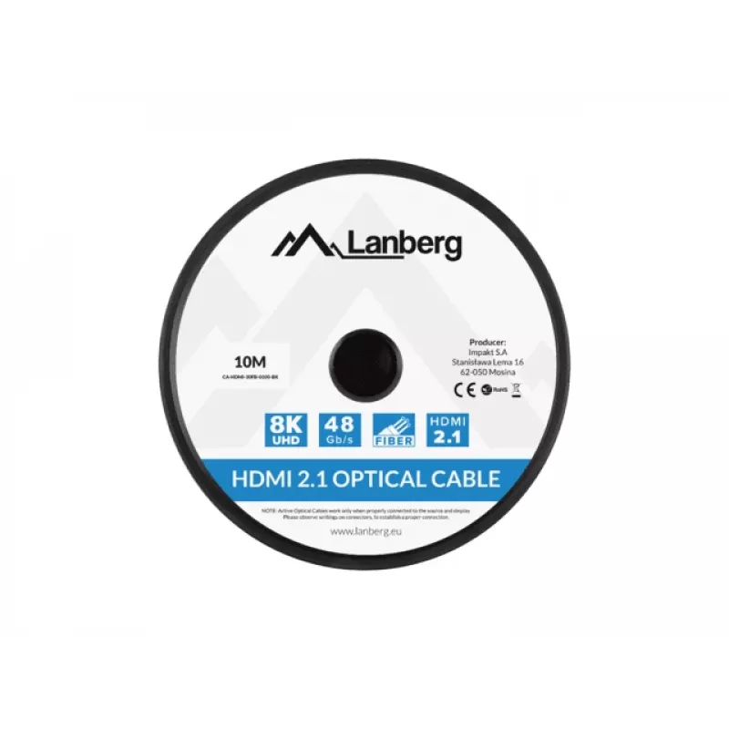 HDMI kabelis LANBERG CA-HDMI-30FB-0100-BK 10 m, HDMI Type A 2.1, 48 Gbit/s, 144 Hz, HDR, ARC, Ethernet