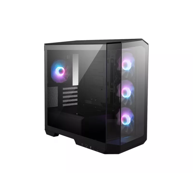PC korpusas MSI MAG PANO M100R PZ Micro Tower juodas — microATX/ITX, šoninis langas, įvairių spalvų LED, 39 cm GPU, USB-C