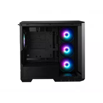 PC korpusas MSI MAG PANO M100R PZ Micro Tower juodas — microATX/ITX, šoninis langas, įvairių spalvų LED, 39 cm GPU, USB-C