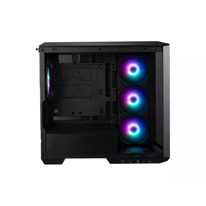 PC korpusas MSI MAG PANO M100R PZ Micro Tower juodas — microATX/ITX, šoninis langas, įvairių spalvų LED, 39 cm GPU, USB-C