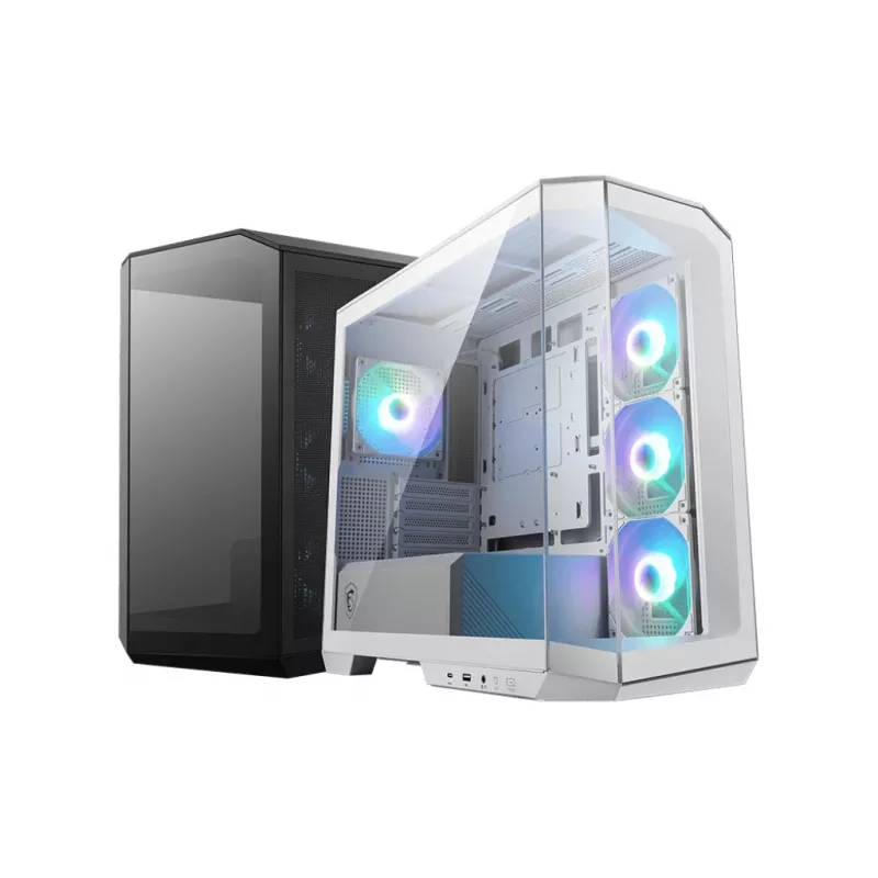 PC korpusas MSI MAG PANO M100R PZ Micro Tower juodas — microATX/ITX, šoninis langas, įvairių spalvų LED, 39 cm GPU, USB-C