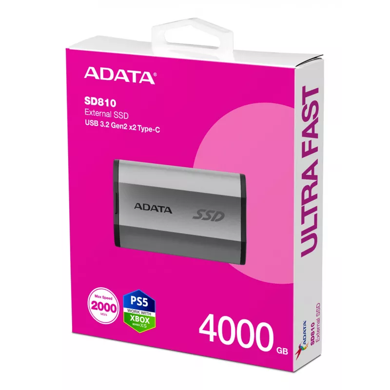 Nešiojamasis SSD ADATA SD810 4 TB, USB Type-C, USB 3.2 Gen 2x2, 2000 MB/s skaitymo/rašymo, IP68 aliuminio korpusas