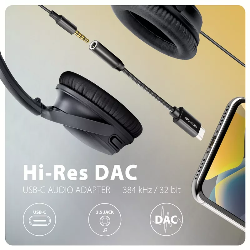 Axagon ADA-HC USB-C prie 3,5 mm lizdo – Hi-Res DAC garso adapteris, 384 kHz/32 bitų, stereofoninis