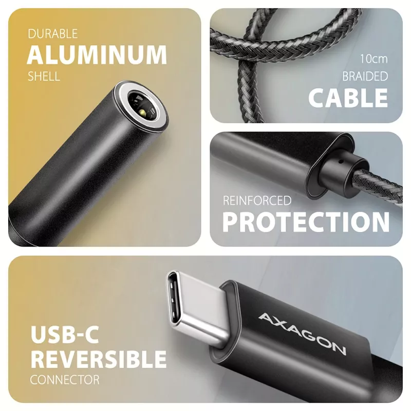Axagon ADA-HC USB-C prie 3,5 mm lizdo – Hi-Res DAC garso adapteris, 384 kHz/32 bitų, stereofoninis