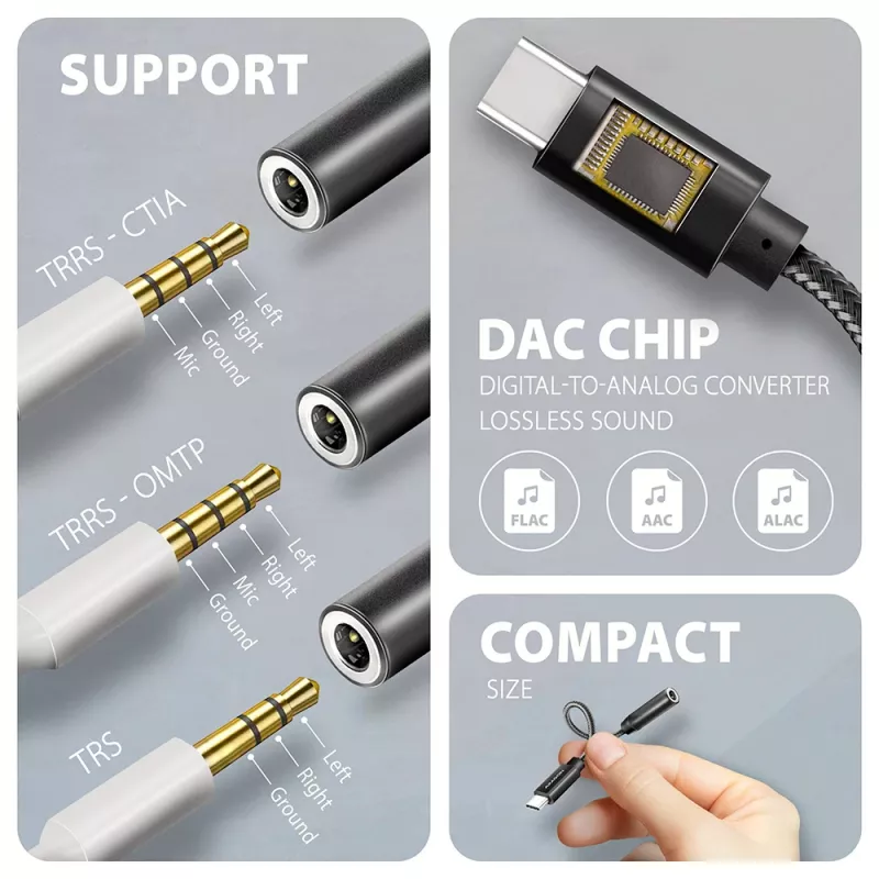 Axagon ADA-HC USB-C prie 3,5 mm lizdo – Hi-Res DAC garso adapteris, 384 kHz/32 bitų, stereofoninis