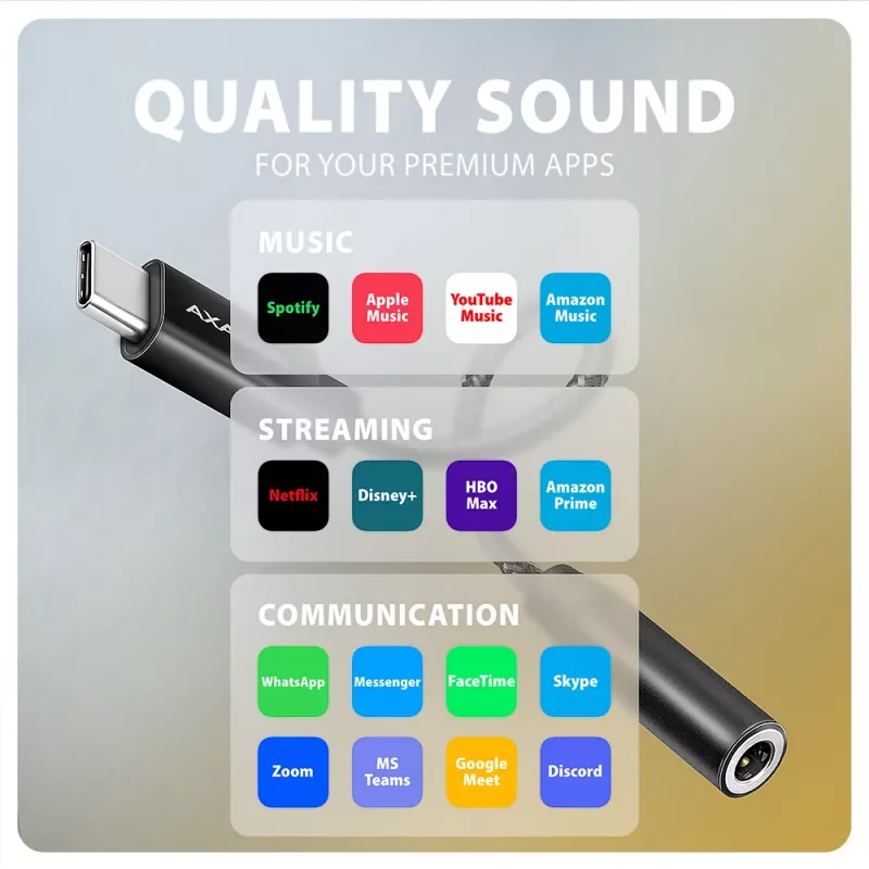 Axagon ADA-HC USB-C prie 3,5 mm lizdo – Hi-Res DAC garso adapteris, 384 kHz/32 bitų, stereofoninis
