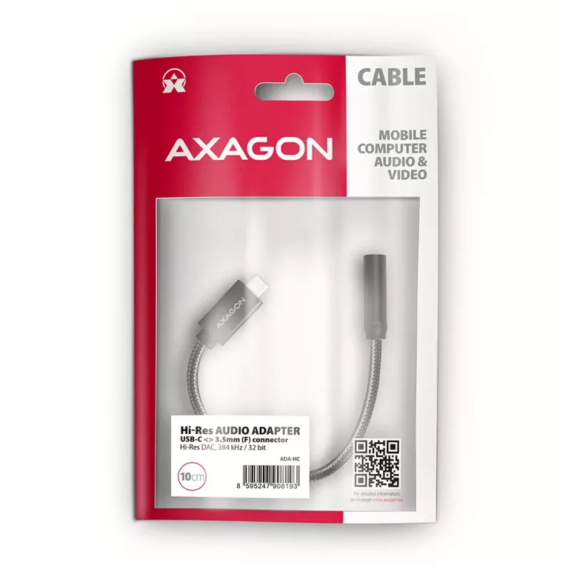Axagon ADA-HC USB-C prie 3,5 mm lizdo – Hi-Res DAC garso adapteris, 384 kHz/32 bitų, stereofoninis