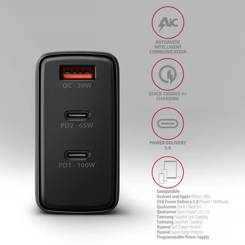 Axagon ACU-DPQ100 PD3.0 & QC 4+ TRIJŲ IŠĖJIMŲ sieninis įkroviklis 100W