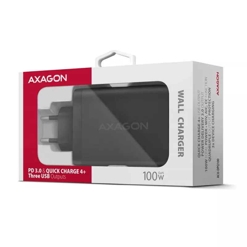 Axagon ACU-DPQ100 PD3.0 & QC 4+ TRIJŲ IŠĖJIMŲ sieninis įkroviklis 100W