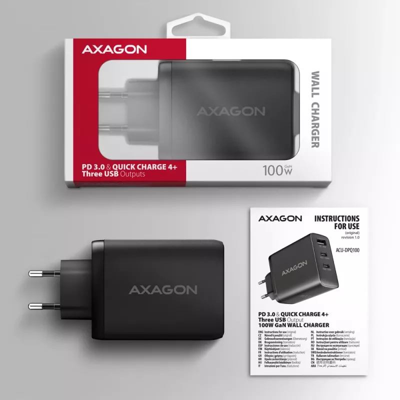 Axagon ACU-DPQ100 PD3.0 & QC 4+ TRIJŲ IŠĖJIMŲ sieninis įkroviklis 100W