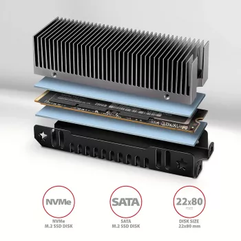 Axagon CLR-M2XT aliuminio pasyvus aušintuvas vienpusėms ir dvipusėms M.2 SSD 2280 formato, 24 mm aukščio