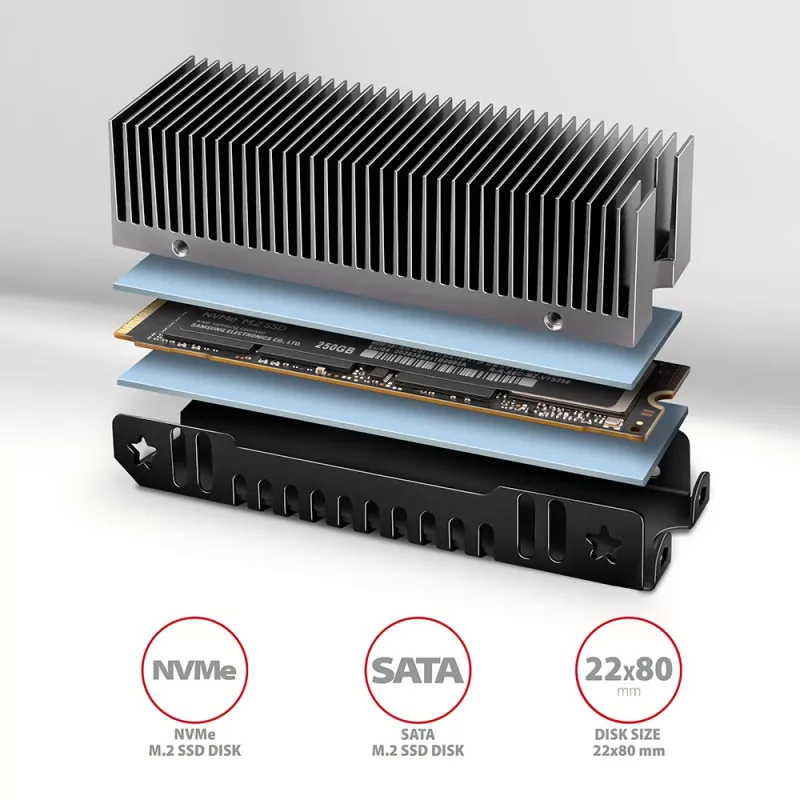 Axagon CLR-M2XT aliuminio pasyvus aušintuvas vienpusėms ir dvipusėms M.2 SSD 2280 formato, 24 mm aukščio