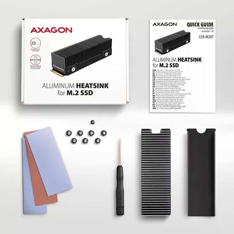 Axagon CLR-M2XT aliuminio pasyvus aušintuvas vienpusėms ir dvipusėms M.2 SSD 2280 formato, 24 mm aukščio
