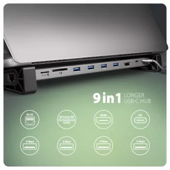 Axagon HMC-10HLS, USB 5Gbps šakotuvas, 4x USB-A, HDMI 4k/60Hz, RJ-45, SD/microSD, PD 100W