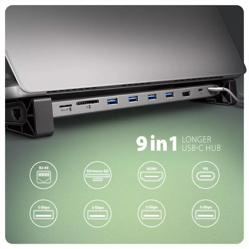 Axagon HMC-10HLS, USB 5Gbps šakotuvas, 4x USB-A, HDMI 4k/60Hz, RJ-45, SD/microSD, PD 100W