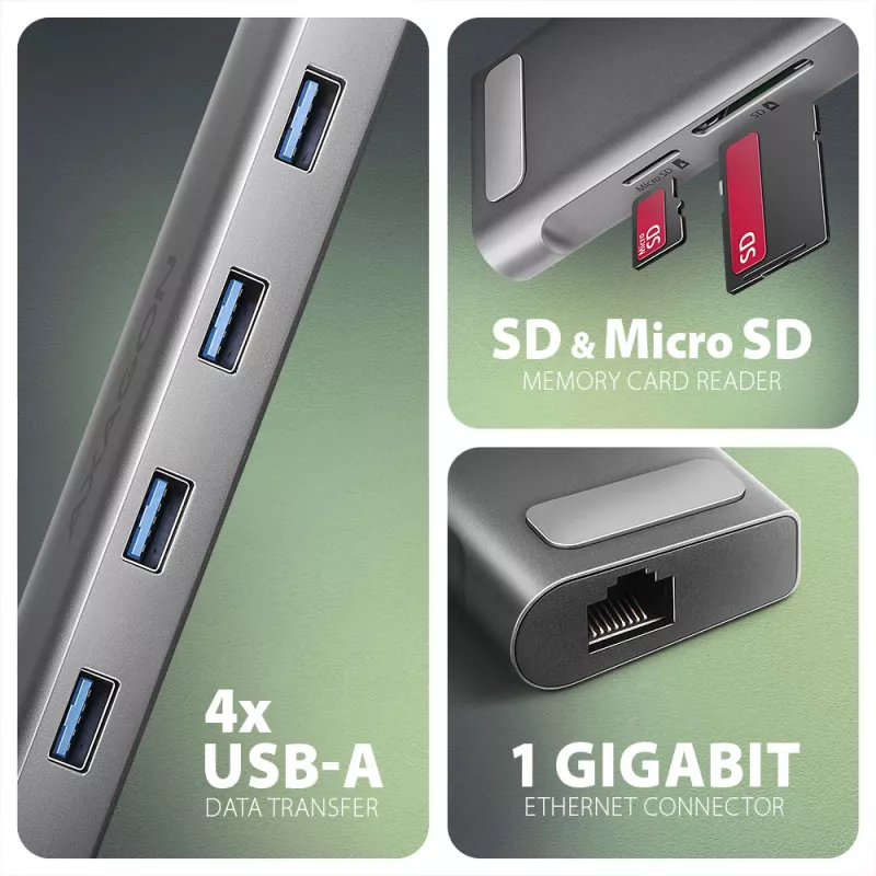 Axagon HMC-10HLS, USB 5Gbps šakotuvas, 4x USB-A, HDMI 4k/60Hz, RJ-45, SD/microSD, PD 100W