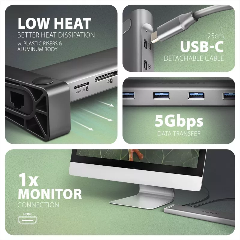 Axagon HMC-10HLS, USB 5Gbps šakotuvas, 4x USB-A, HDMI 4k/60Hz, RJ-45, SD/microSD, PD 100W