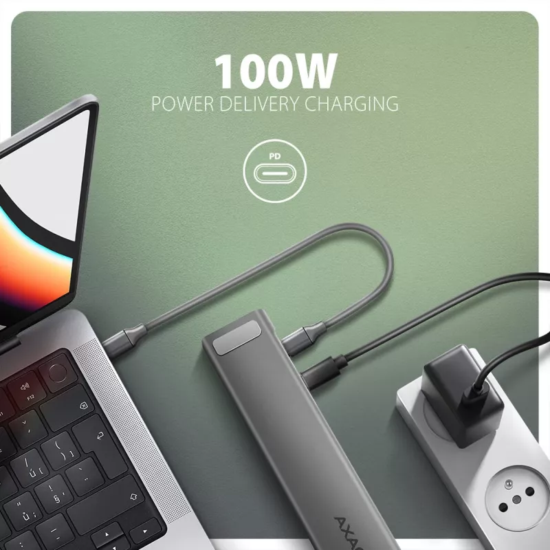 Axagon HMC-10HLS, USB 5Gbps šakotuvas, 4x USB-A, HDMI 4k/60Hz, RJ-45, SD/microSD, PD 100W