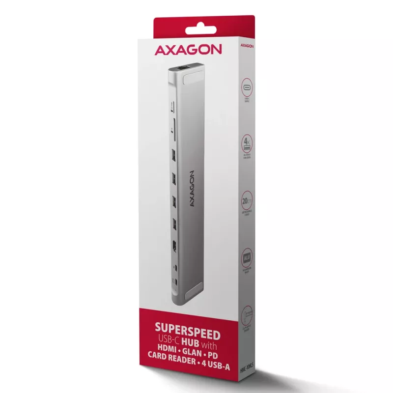 Axagon HMC-10HLS, USB 5Gbps šakotuvas, 4x USB-A, HDMI 4k/60Hz, RJ-45, SD/microSD, PD 100W