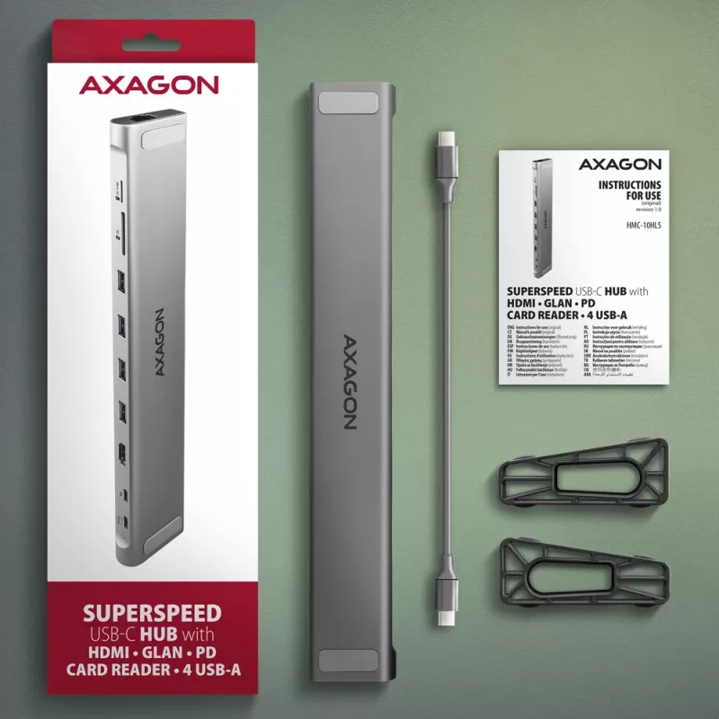 Axagon HMC-10HLS, USB 5Gbps šakotuvas, 4x USB-A, HDMI 4k/60Hz, RJ-45, SD/microSD, PD 100W