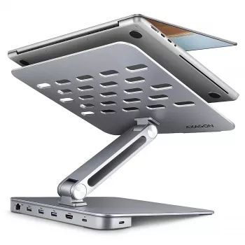 Axagon HMC-STND daugiafunkcis USB-C 5 Gbps šakotuvas ir aliuminis stovas nešiojamiesiems kompiuteriams. HDMI 4k/60Hz, GLAN, PD ir 3 USB-A prievadai. USB-C laidas 60 cm.