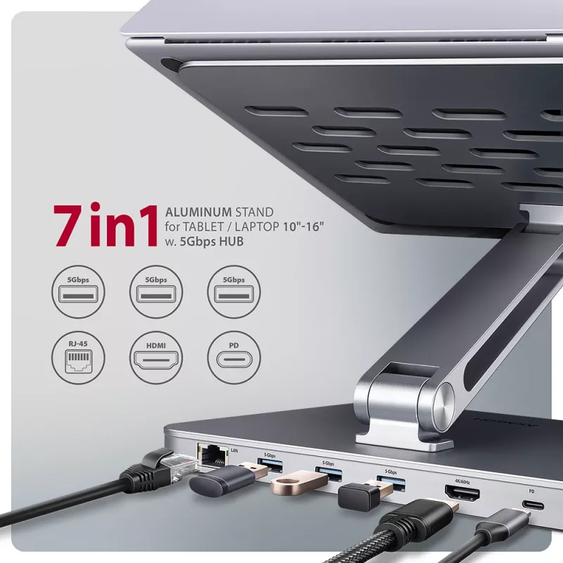 Axagon HMC-STND daugiafunkcis USB-C 5 Gbps šakotuvas ir aliuminis stovas nešiojamiesiems kompiuteriams. HDMI 4k/60Hz, GLAN, PD ir 3 USB-A prievadai. USB-C laidas 60 cm.