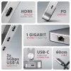 Axagon HMC-STND daugiafunkcis USB-C 5 Gbps šakotuvas ir aliuminis stovas nešiojamiesiems kompiuteriams. HDMI 4k/60Hz, GLAN, PD ir 3 USB-A prievadai. USB-C laidas 60 cm.