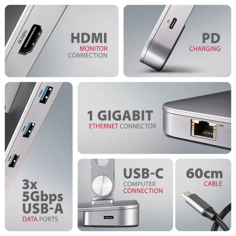Axagon HMC-STND daugiafunkcis USB-C 5 Gbps šakotuvas ir aliuminis stovas nešiojamiesiems kompiuteriams. HDMI 4k/60Hz, GLAN, PD ir 3 USB-A prievadai. USB-C laidas 60 cm.