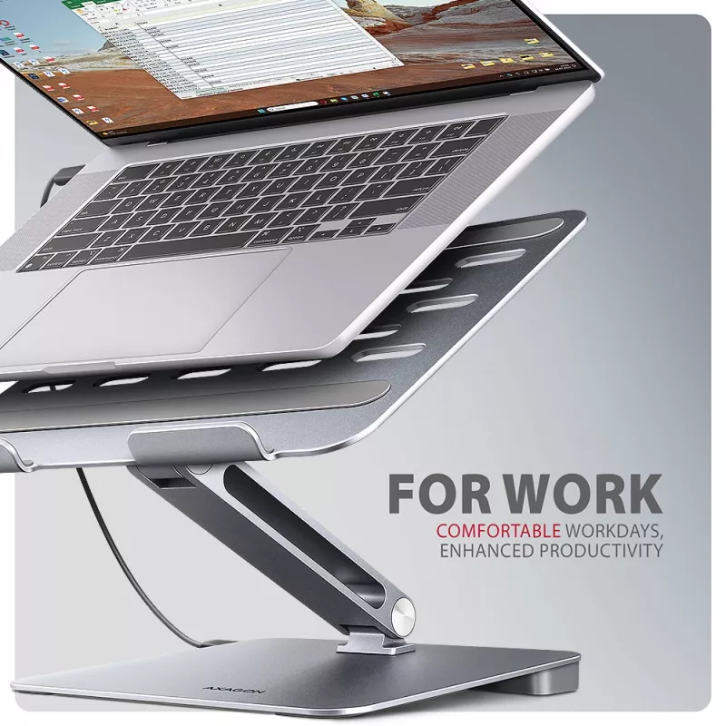 Axagon HMC-STND daugiafunkcis USB-C 5 Gbps šakotuvas ir aliuminis stovas nešiojamiesiems kompiuteriams. HDMI 4k/60Hz, GLAN, PD ir 3 USB-A prievadai. USB-C laidas 60 cm.