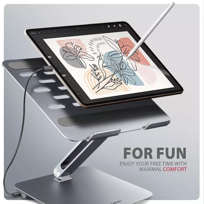 Axagon HMC-STND daugiafunkcis USB-C 5 Gbps šakotuvas ir aliuminis stovas nešiojamiesiems kompiuteriams. HDMI 4k/60Hz, GLAN, PD ir 3 USB-A prievadai. USB-C laidas 60 cm.